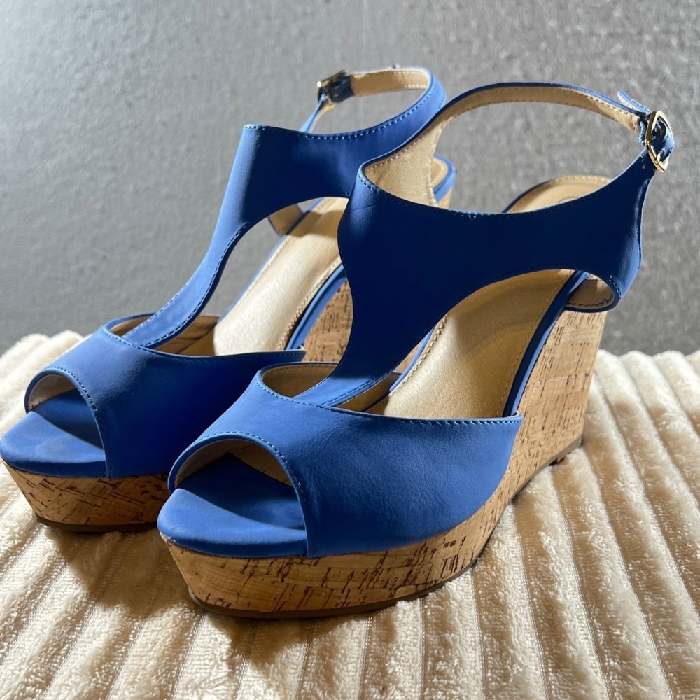 829 |Cato Gulf Stream Blue T-Strap Cork Platform Wedge Slingback Sandals Women 9